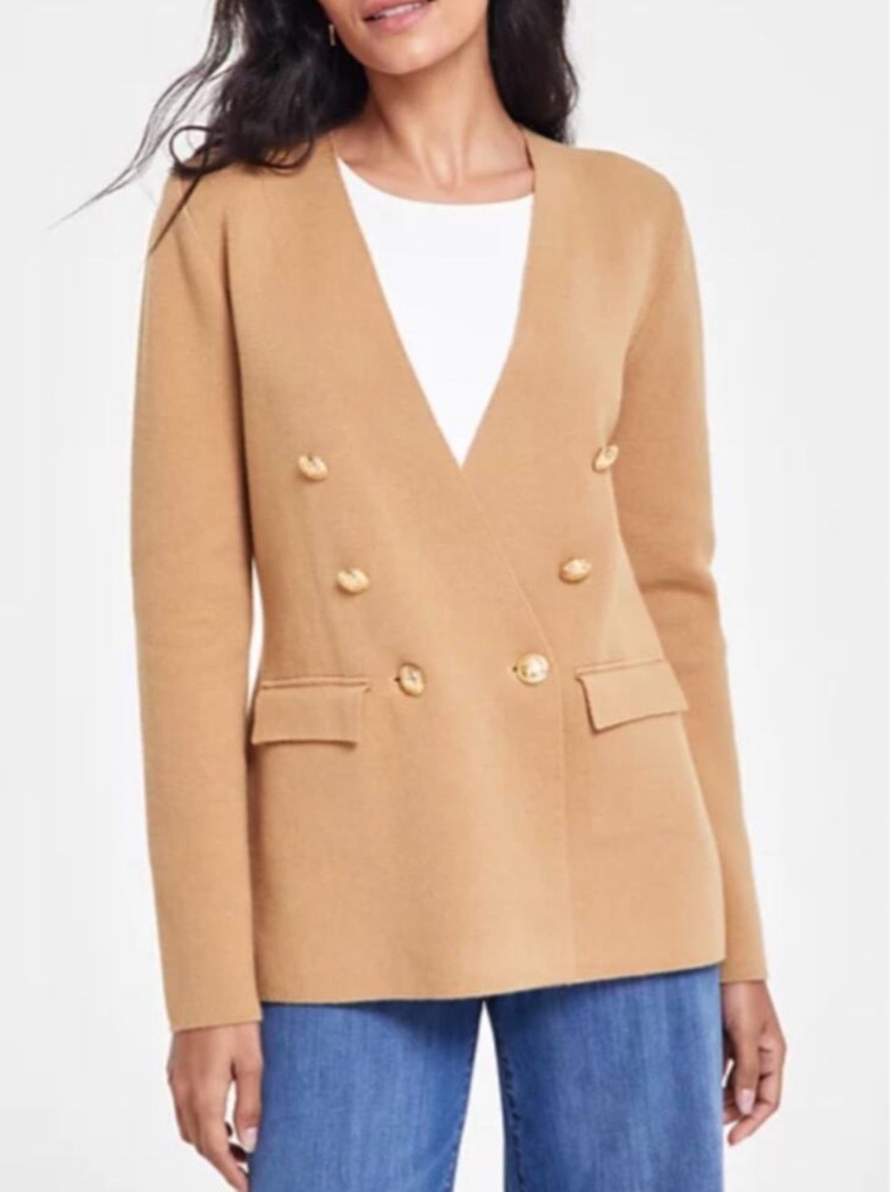 Marled Womens Double-Breasted Camel Sweater